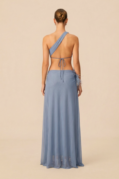 Exceptional Moments Blue Feather Floral Cutout Maxi Dress