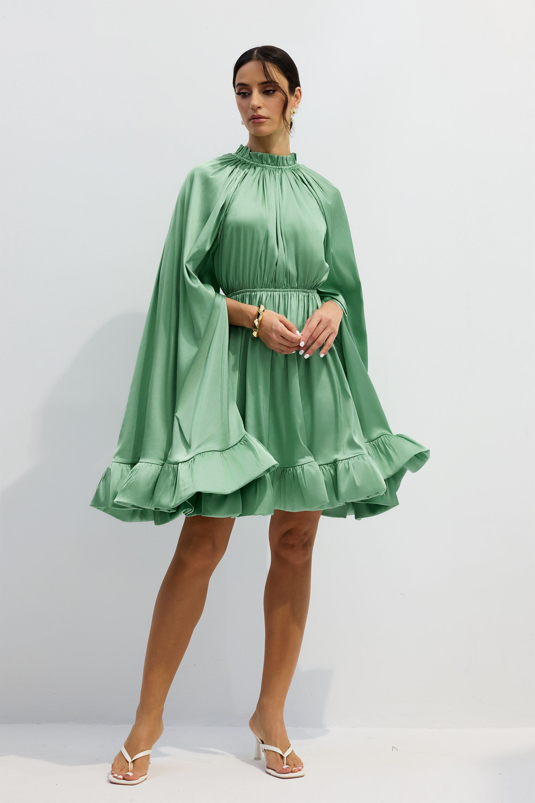 Octavia Cape Sleeve Ruffle Hem Mini Dress