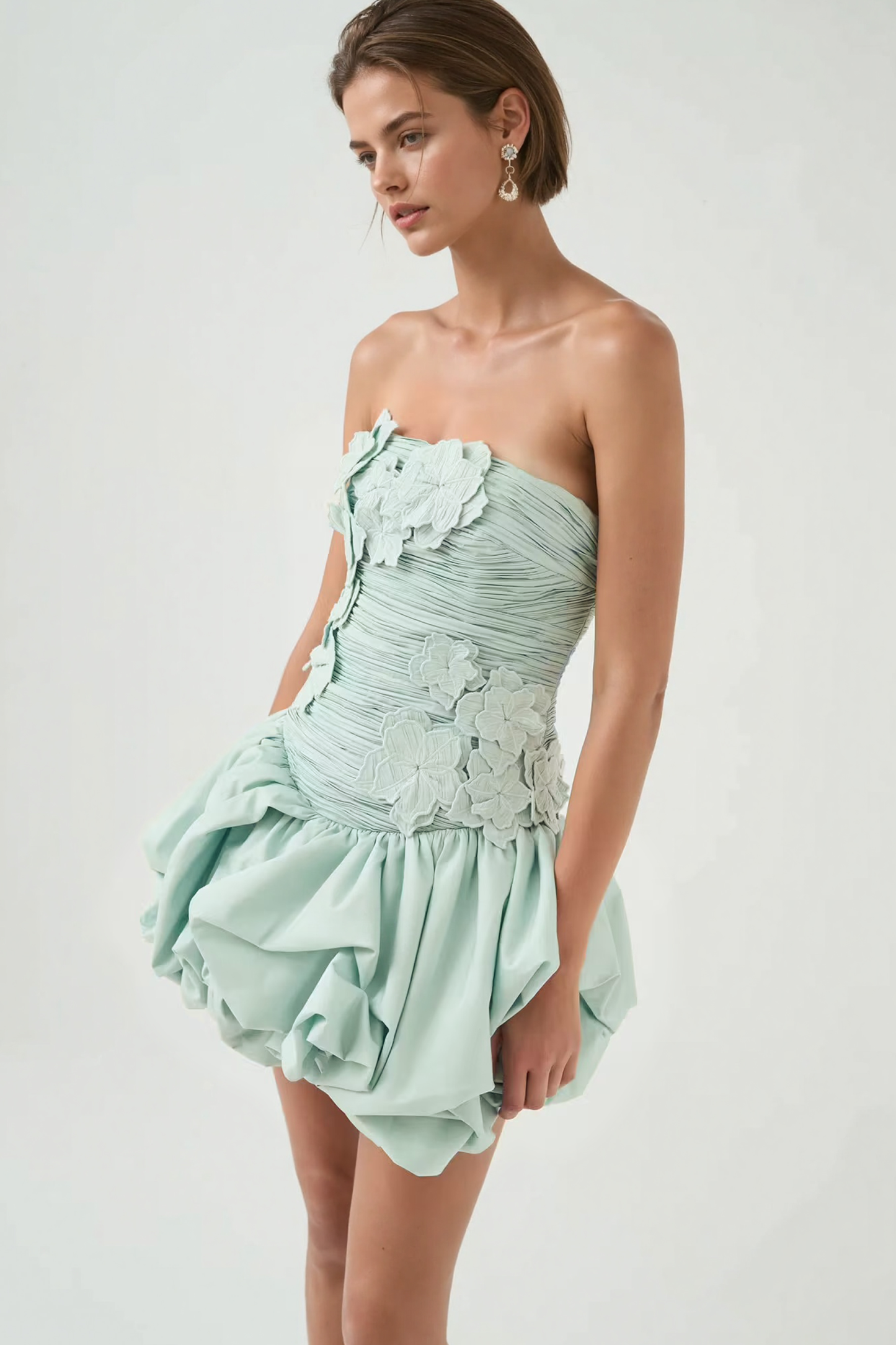 Elvira Floral Applique Strapless Ruched Mini Dress