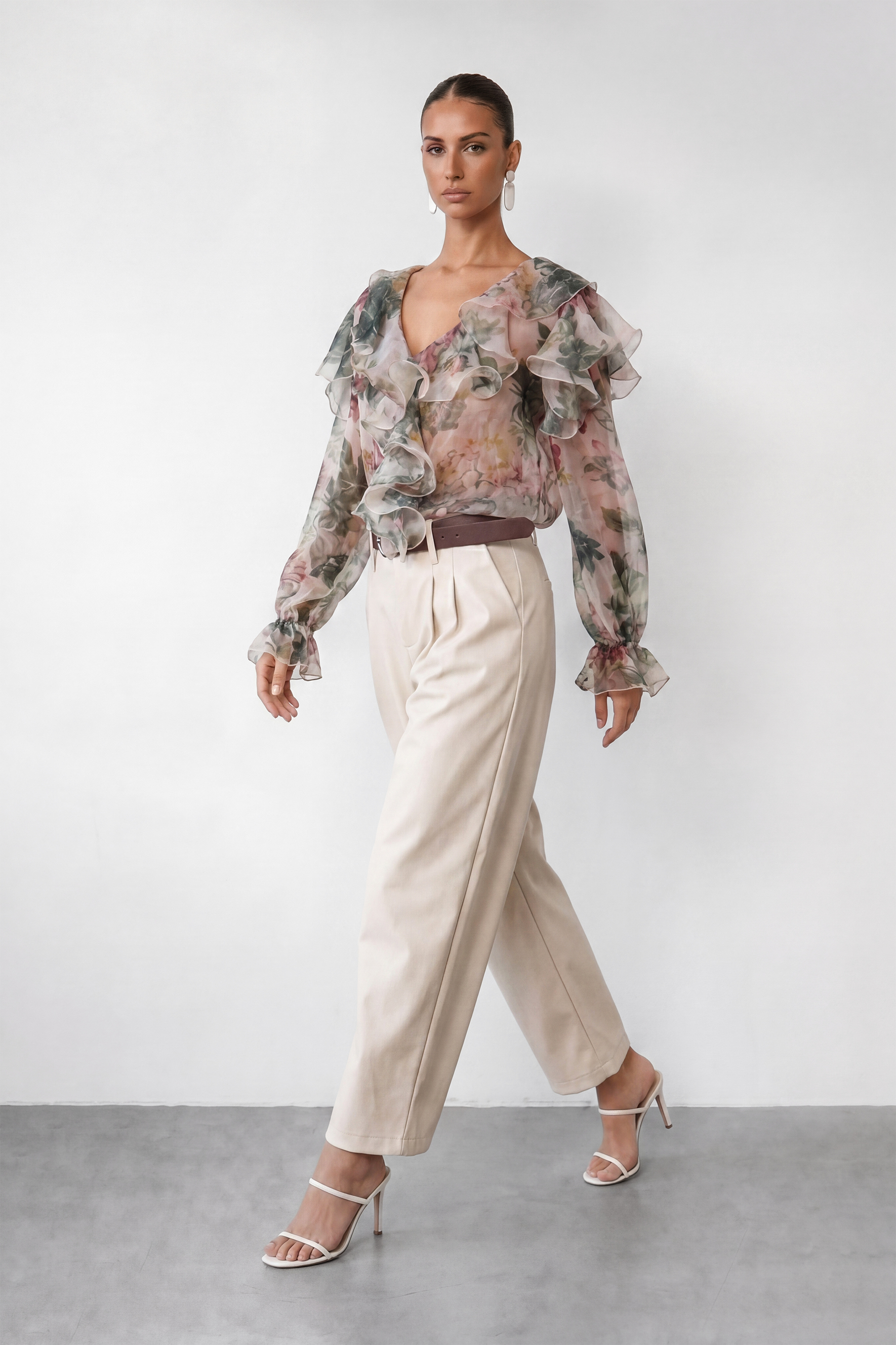 Pretty Moment Multi Floral Print Ruffle Chiffon Blouse