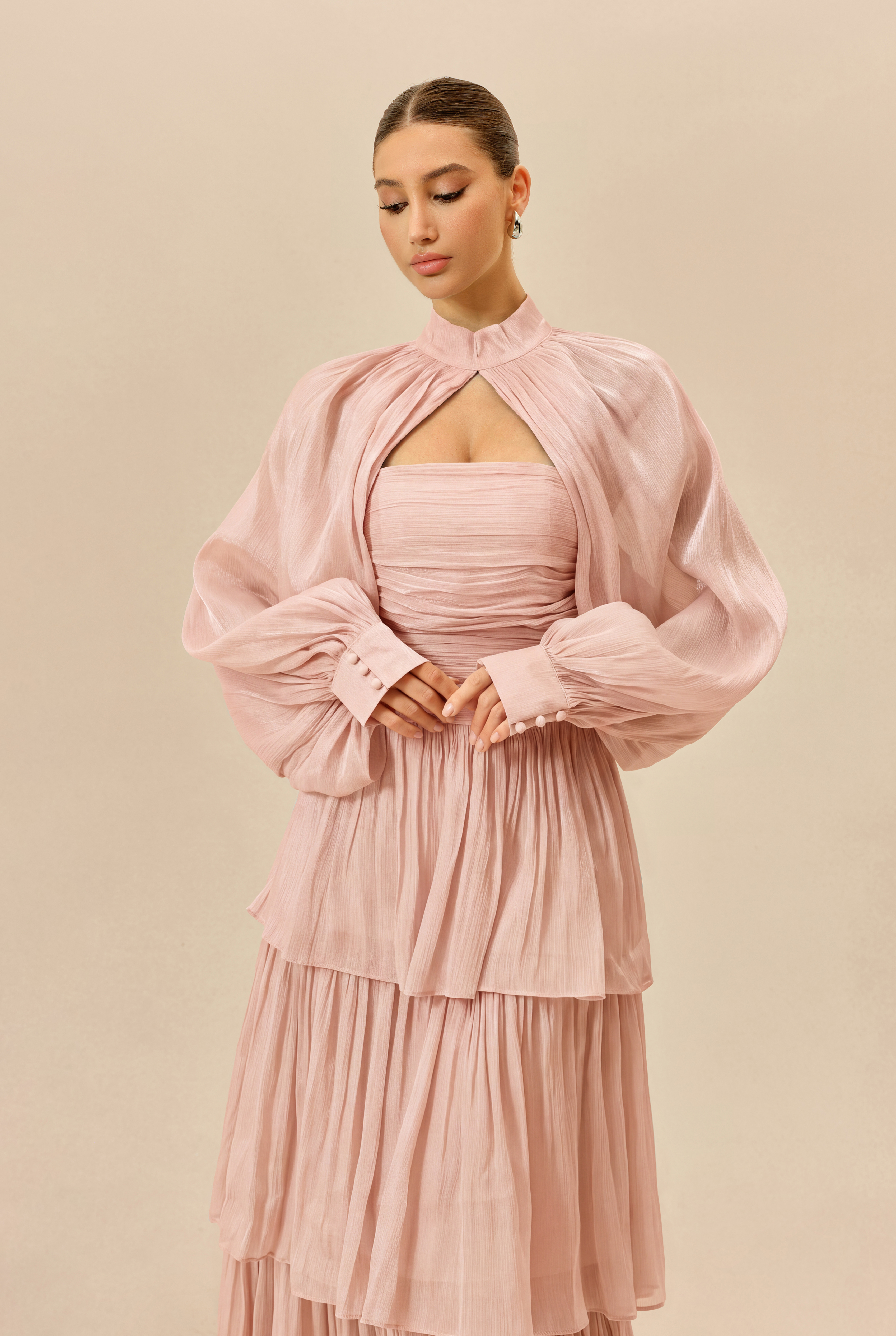 Something Lovely Pink Detachable Sleeve Tiered Maxi Dress