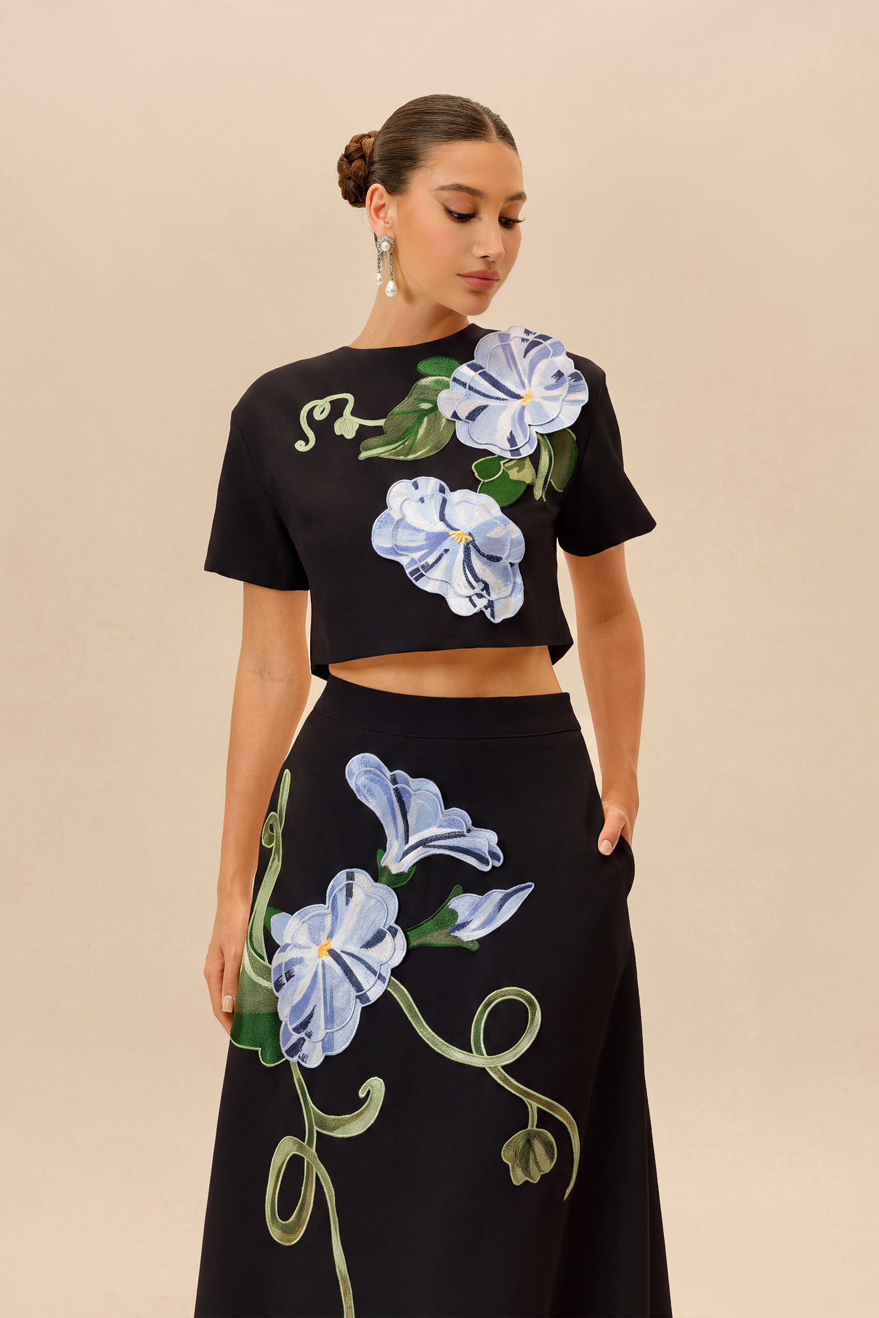Enchanted Garden Black Floral Applique Cropped Top & Maxi Skirt Set