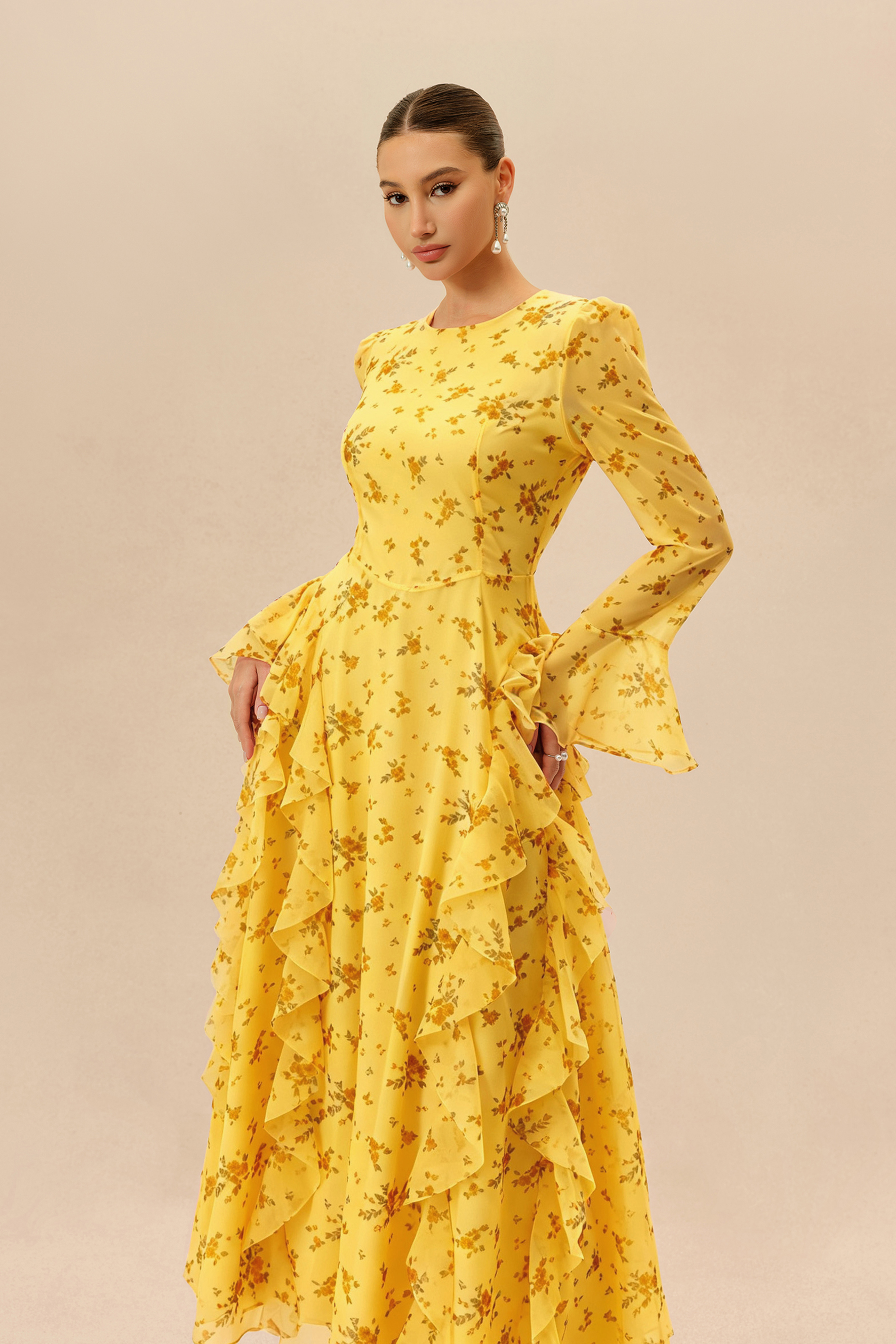 Sweet Serenade Yellow Floral Print Ruffle Tiered Maxi Dress