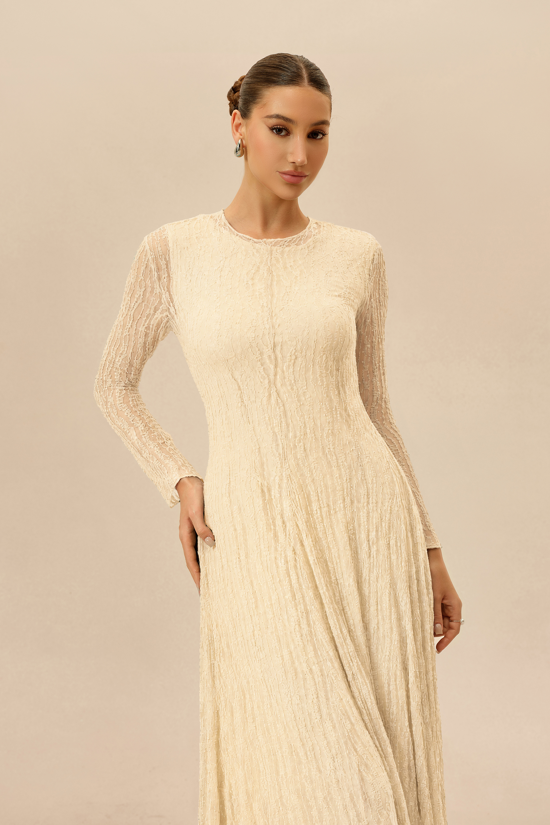 Dearly Yours Beige Rhinestone Embellished Long Sleeve Maxi Dress