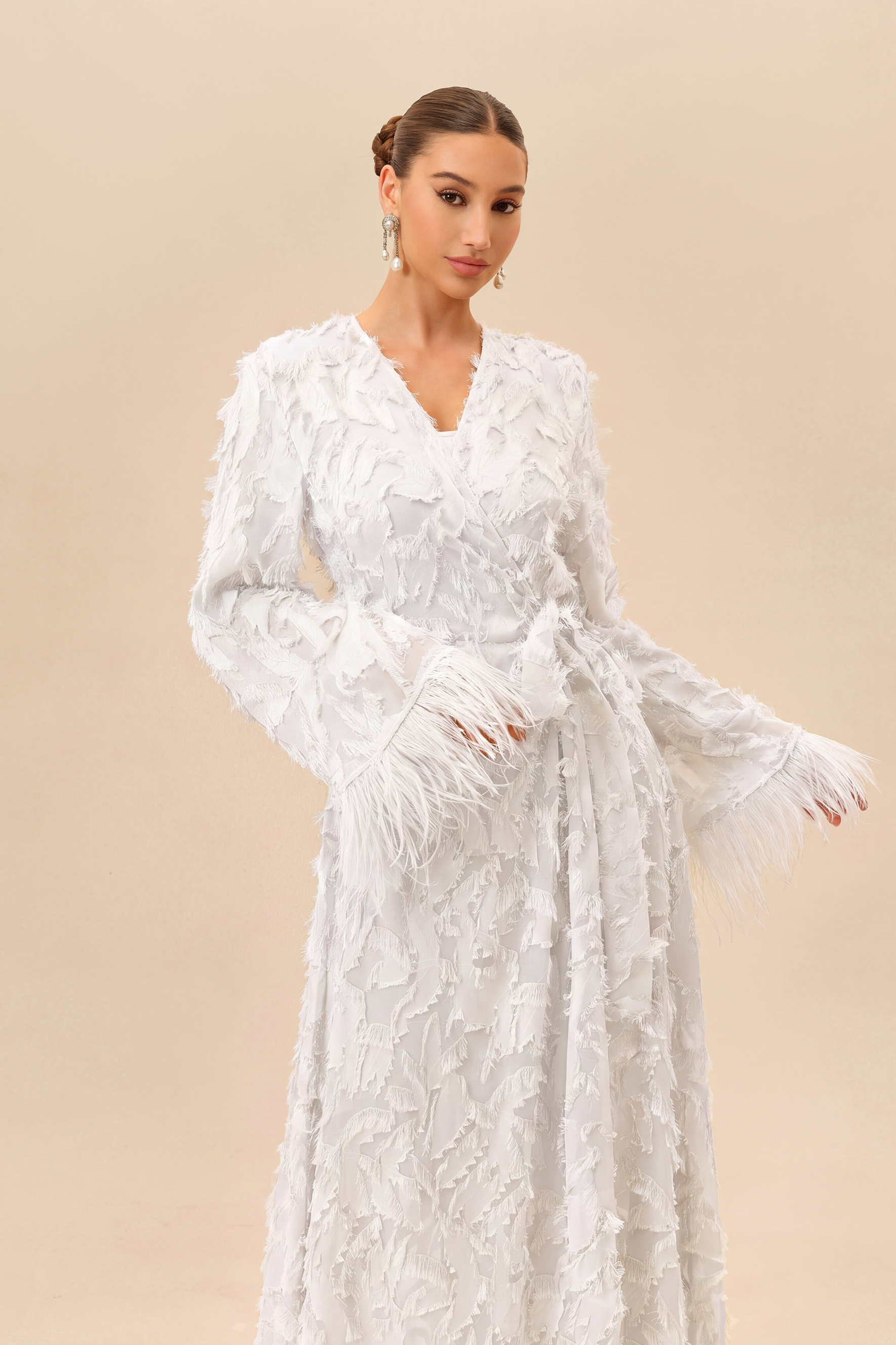 Secret Affair White Leaf Applique Featherer Cuff Maxi Dress