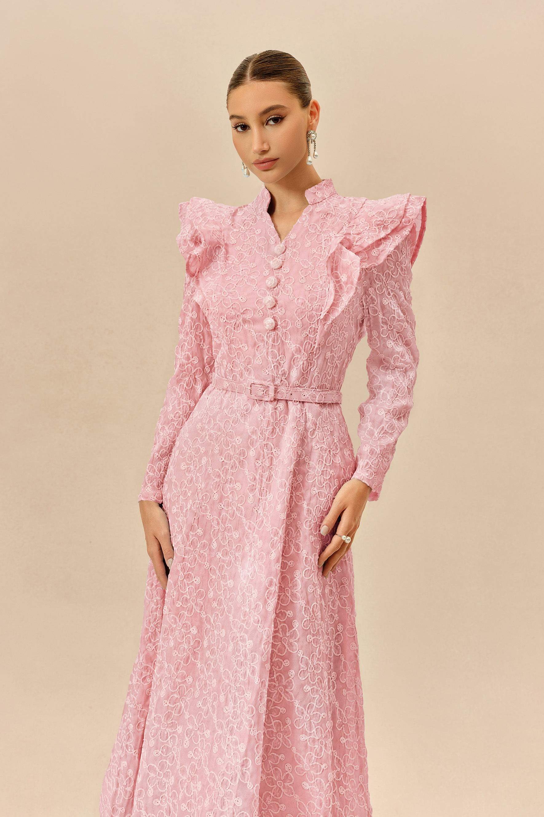 Casual Daydream Pink Floral Embroidery Ruffle Shoulder Maxi Dress