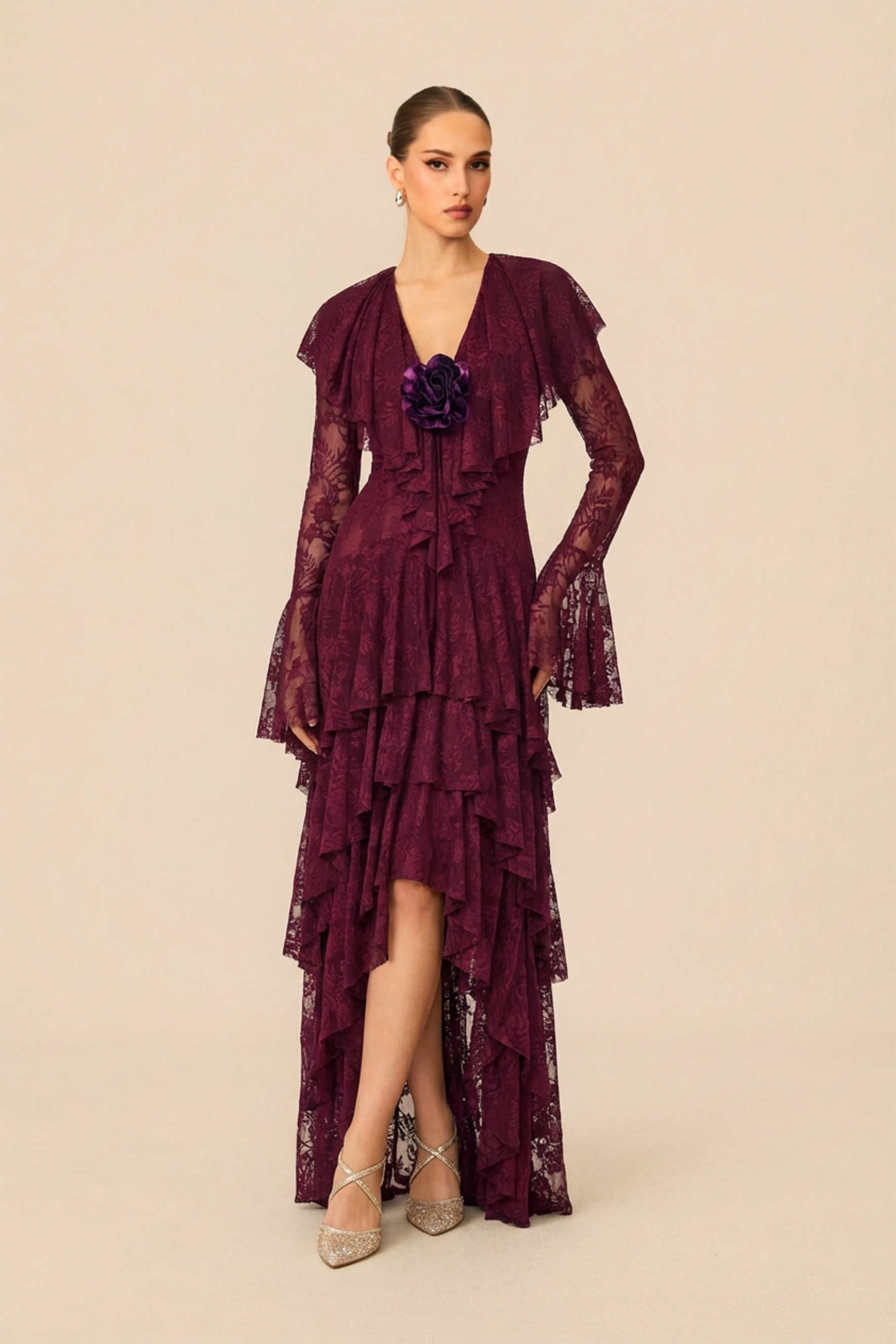 Night Style Burgundy V-Neck Tiered Ruffle Lace Maxi Dress