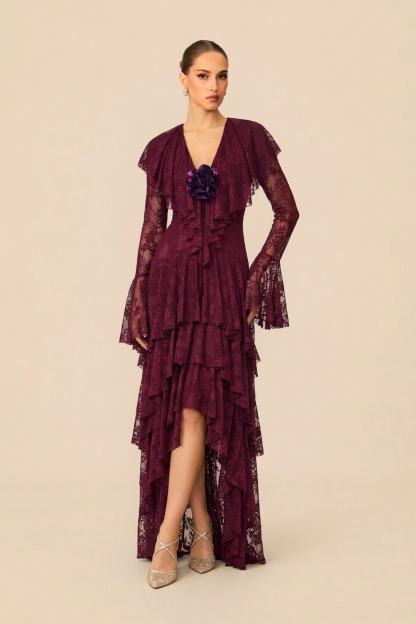 Night Style Burgundy V-Neck Tiered Ruffle Lace Maxi Dress