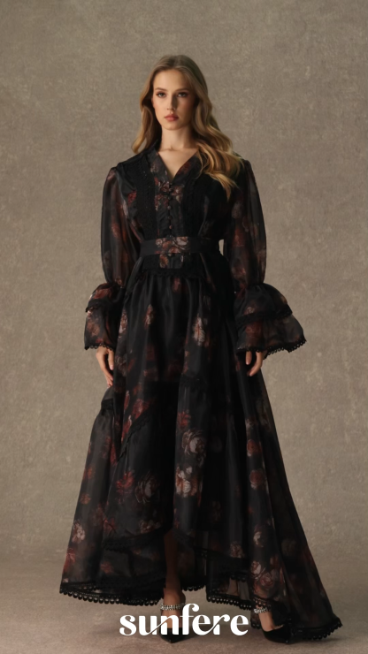 Comfort Zone Black Floral Lace Trimmed Maxi Dress