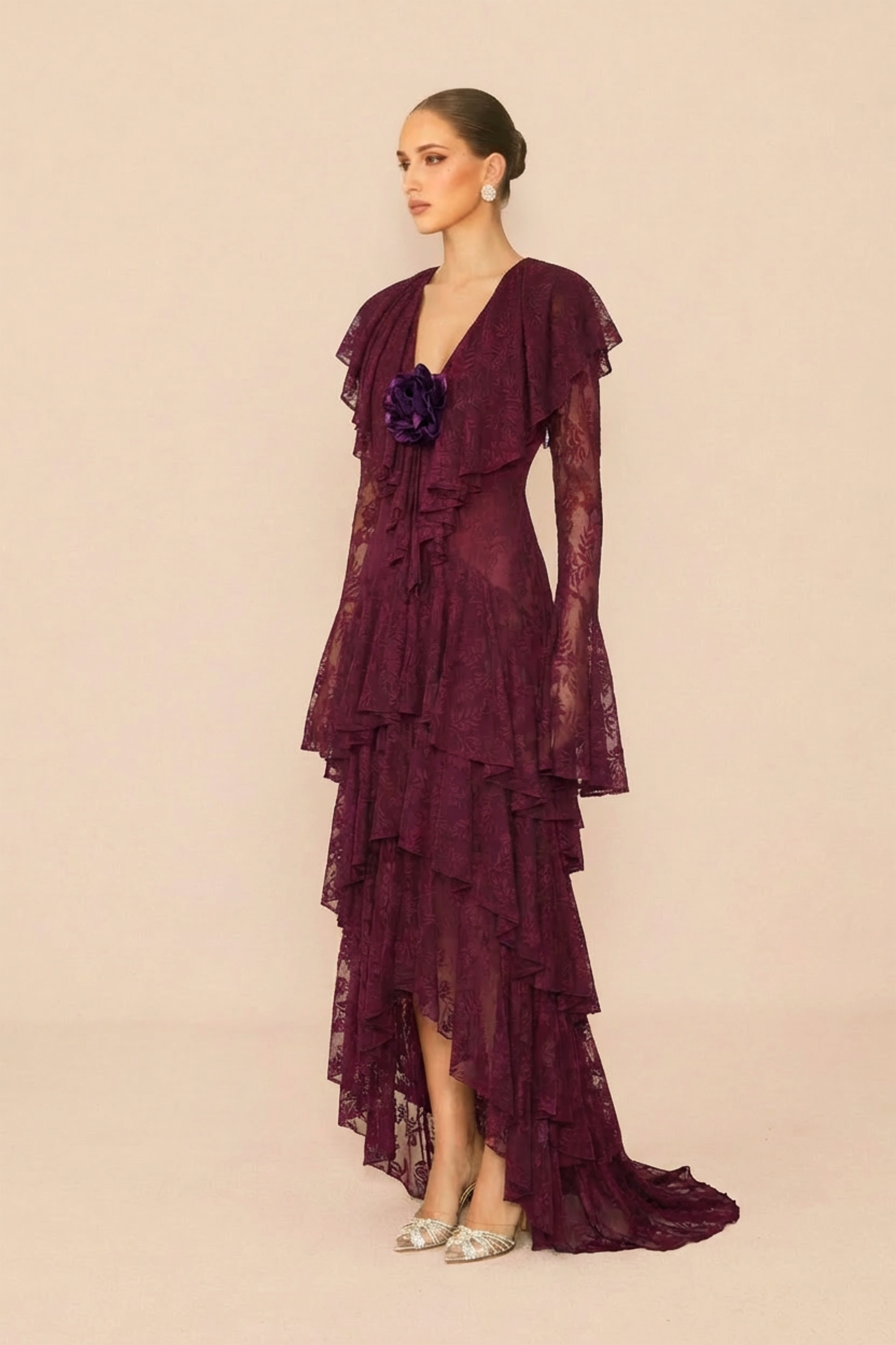 Night Style Burgundy V-Neck Tiered Ruffle Lace Maxi Dress
