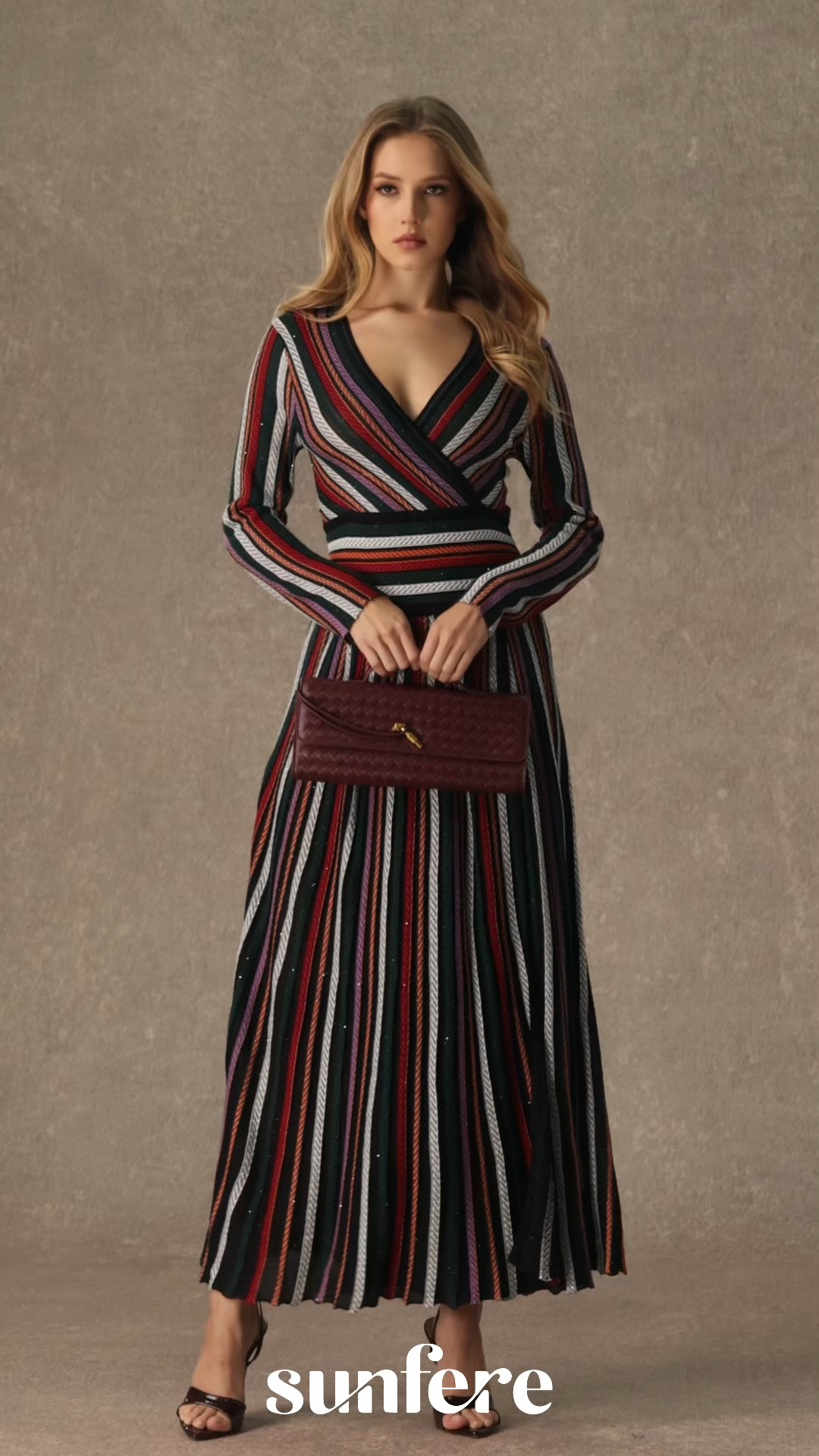 Cozy Outlook Multicolor Striped V‑Neck Knit Maxi Dress