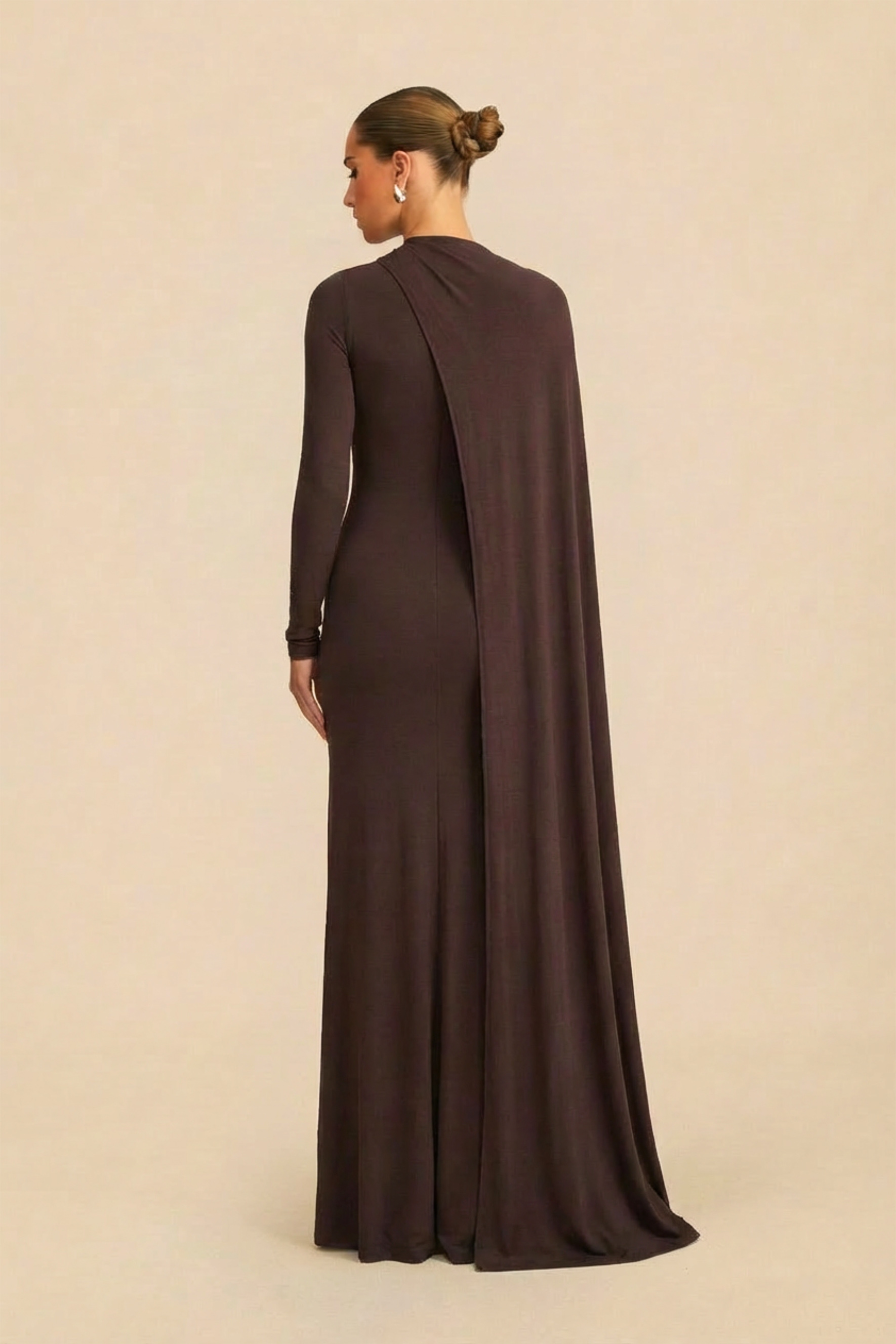 Coveted Confidence Brown Asymmetric Draped Cape Maxi Dress