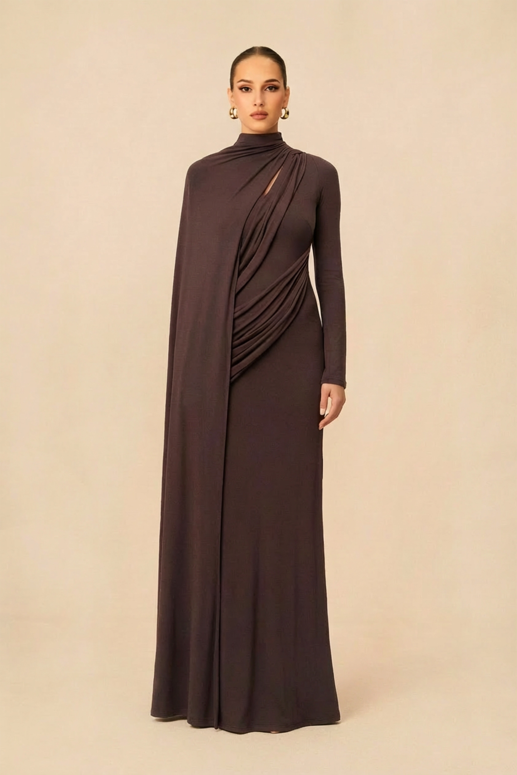 Coveted Confidence Brown Asymmetric Draped Cape Maxi Dress