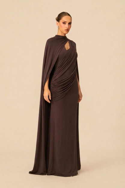 Coveted Confidence Brown Asymmetric Draped Cape Maxi Dress