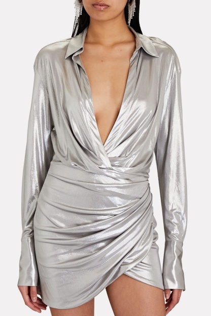 Frederica Metallic Ruched V-neck Mini Dress