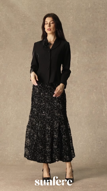Compelling Style Black Flare Hem Jacket & Floral Embroidery Skirt Set