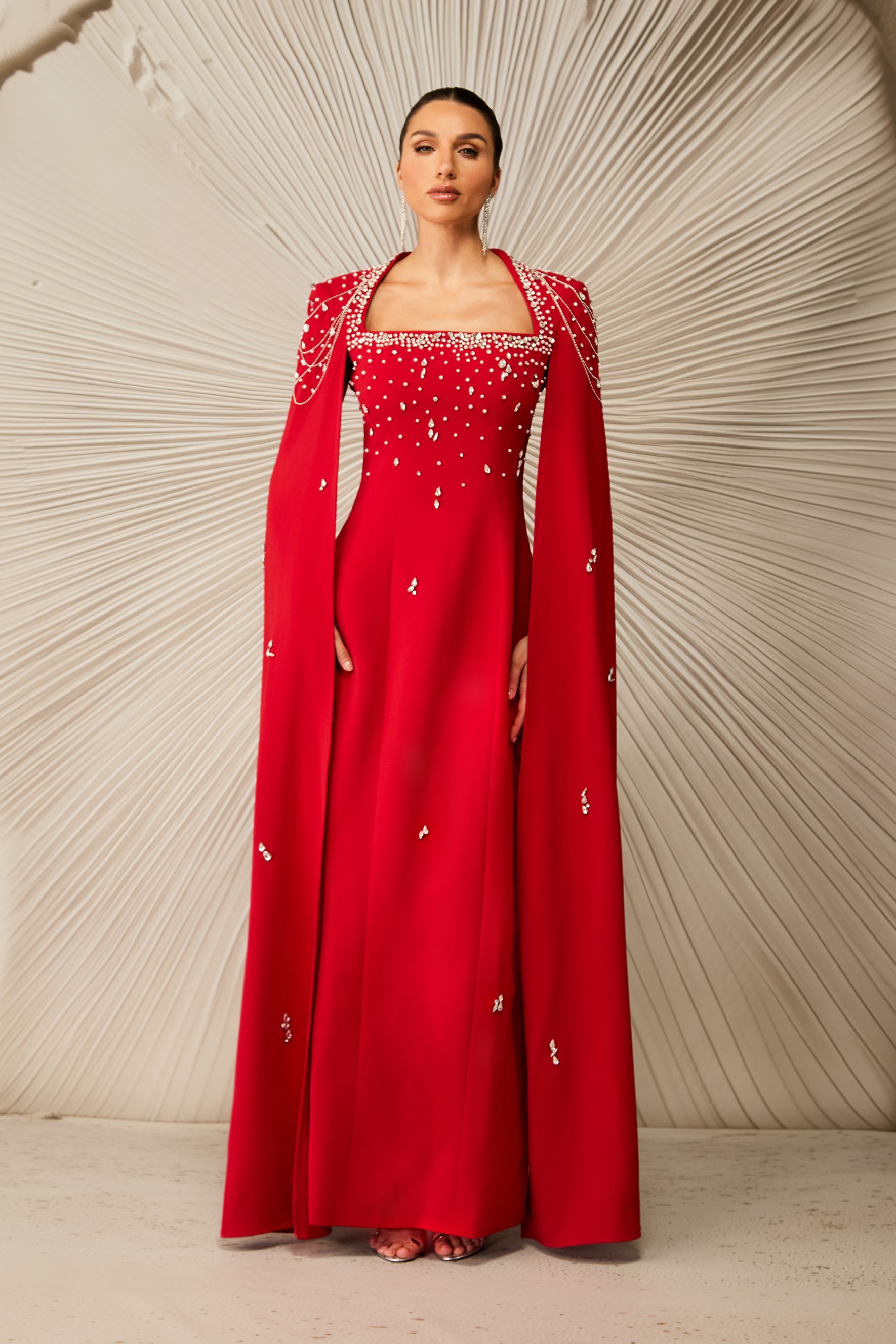 sunfere Diana Crystal Embellished Cape Sleeve Maxi Dress