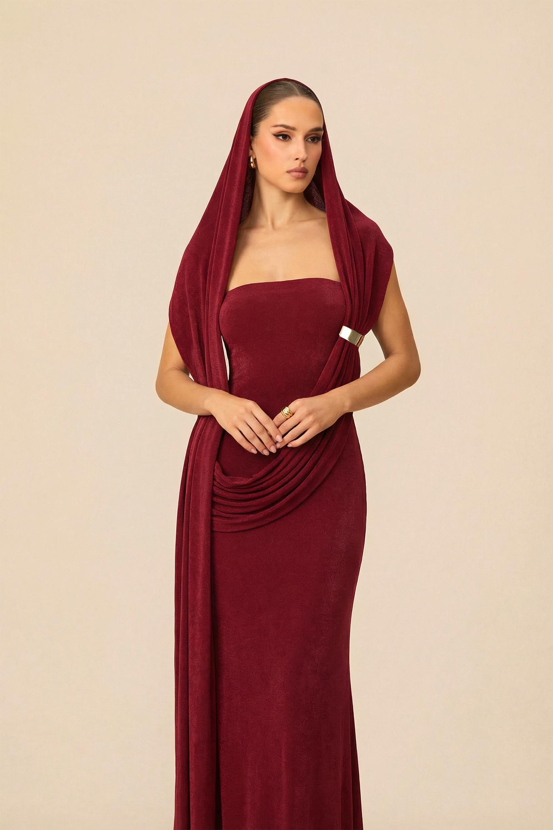Composed Elegance Burgundy Asymmetric Draped Maxi Dress