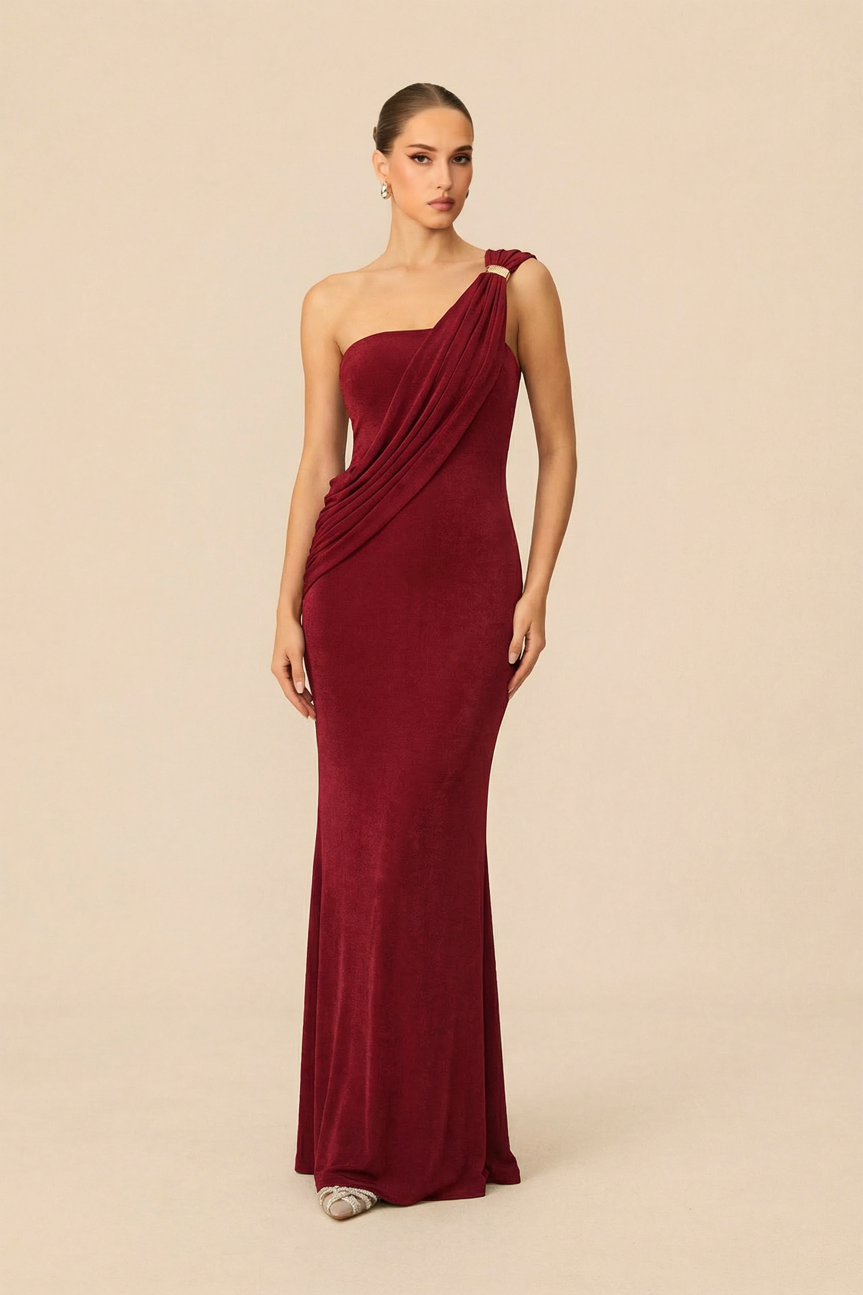 Composed Elegance Burgundy Asymmetric Draped Maxi Dress