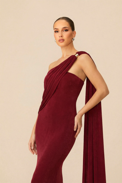 Composed Elegance Burgundy Asymmetric Draped Maxi Dress
