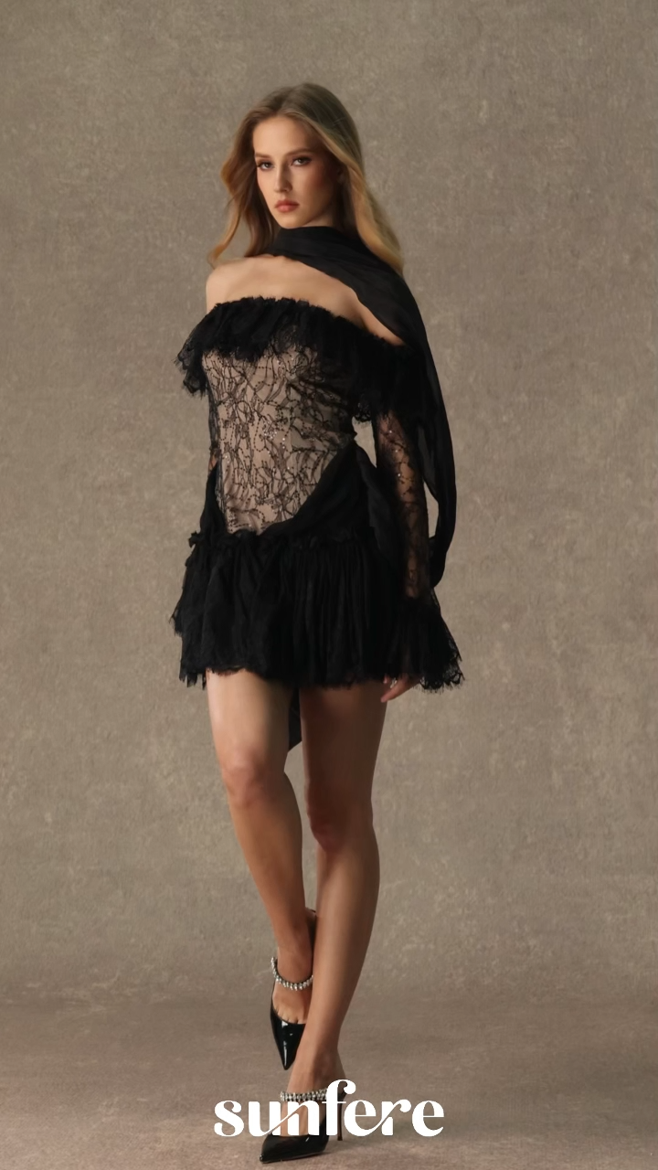 Instant Attraction Black Off Shoulder Lace Corset Mini Dress