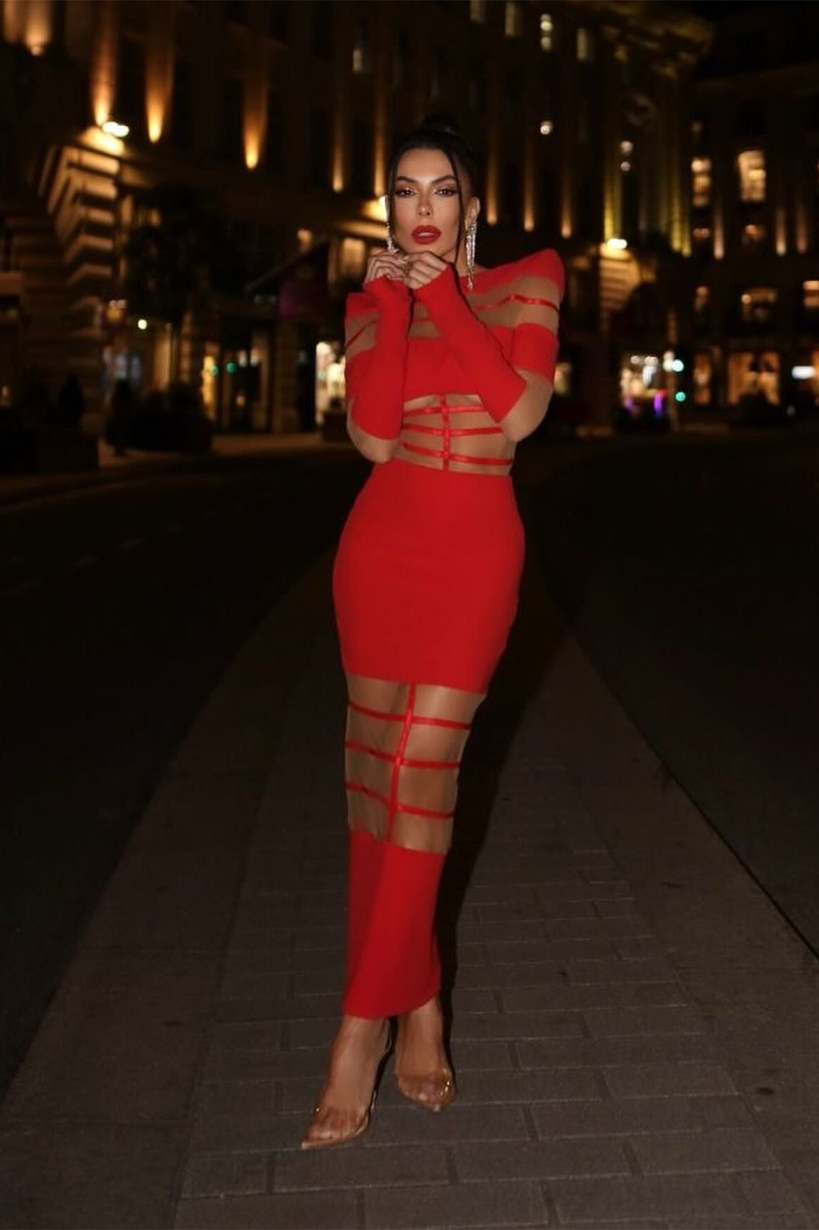 Kelly Long Sleeve Sheer Spliced Midi Dress