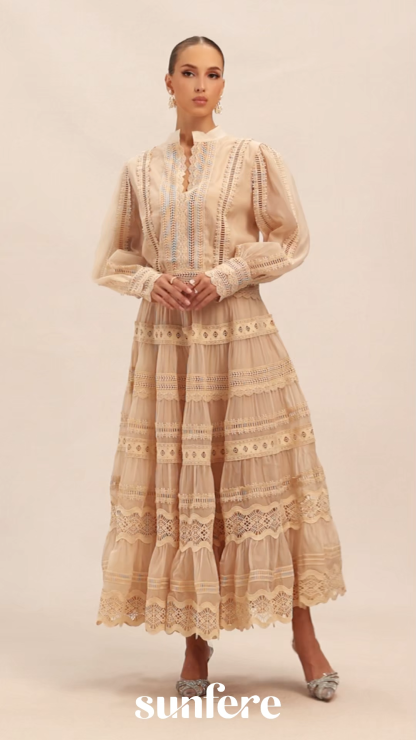 Bohemian Grace Beige Lace Embroidered Top & Skirt Set