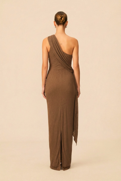 Ethereal Elegance Brown One Shoulder Draped Maxi Dress