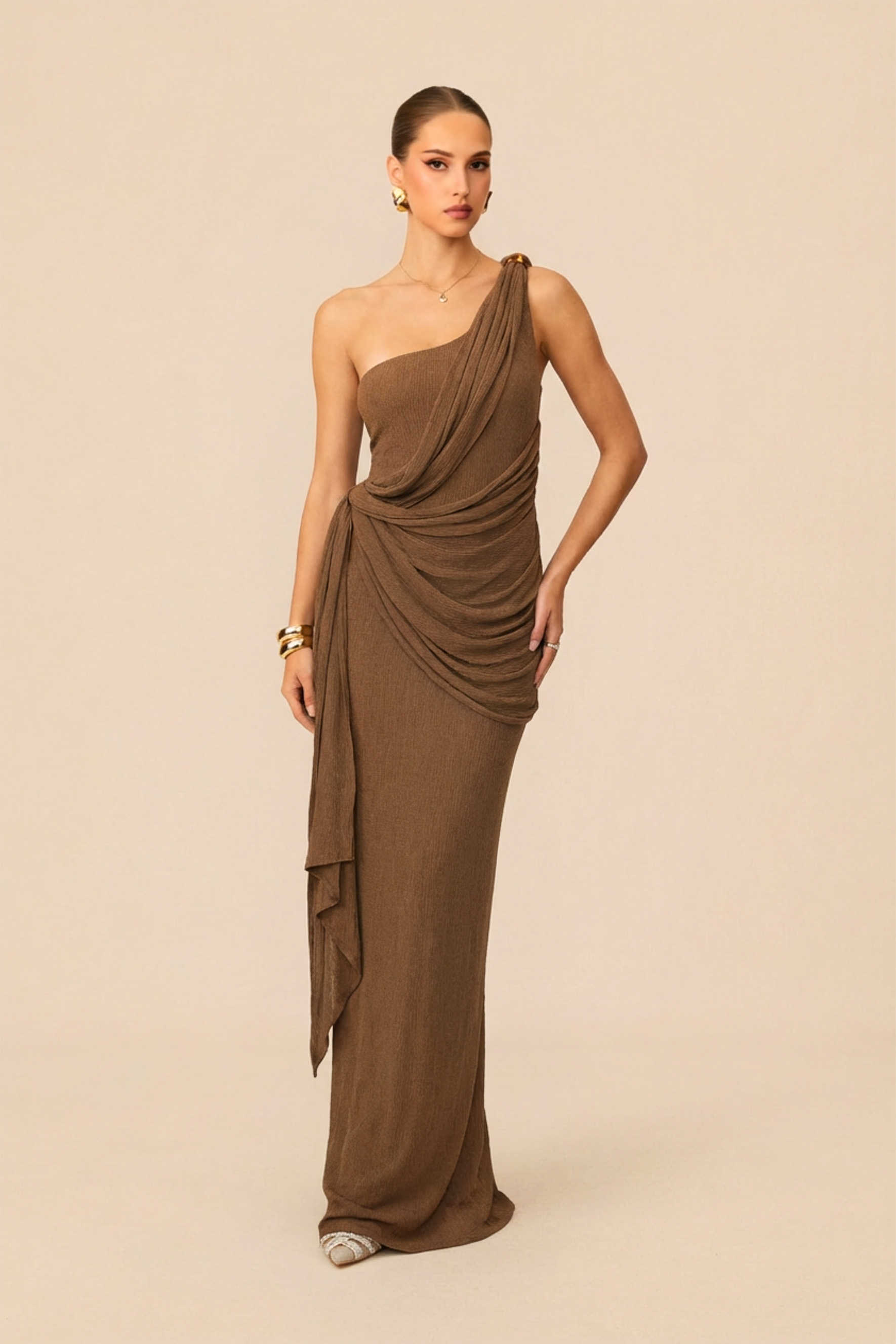 Ethereal Elegance Brown One Shoulder Draped Maxi Dress