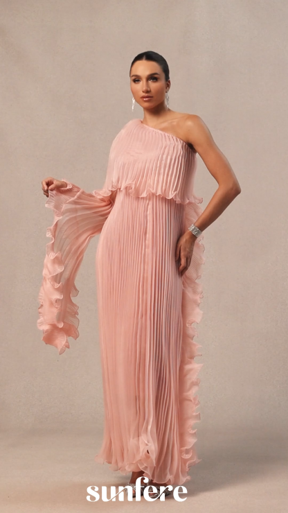 Khloe One Shoulder Pleated Ruffle Maxi Dress