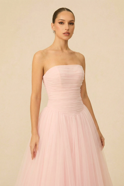 The Pretty List Pink Strapless Ruched Bodice Maxi Dress