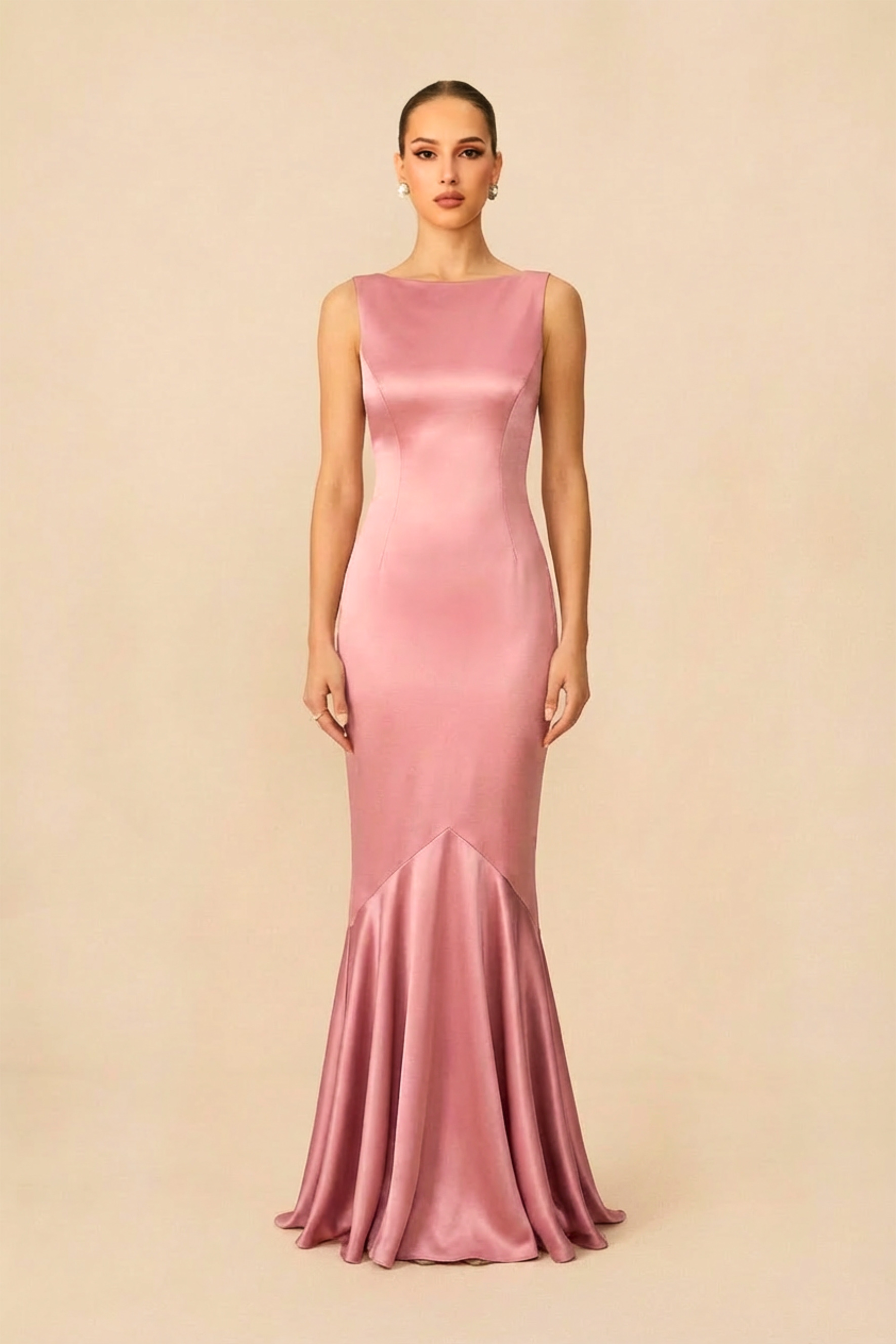 Moonlit Night Pink Backless Ruffle Trim Satin Maxi Dress