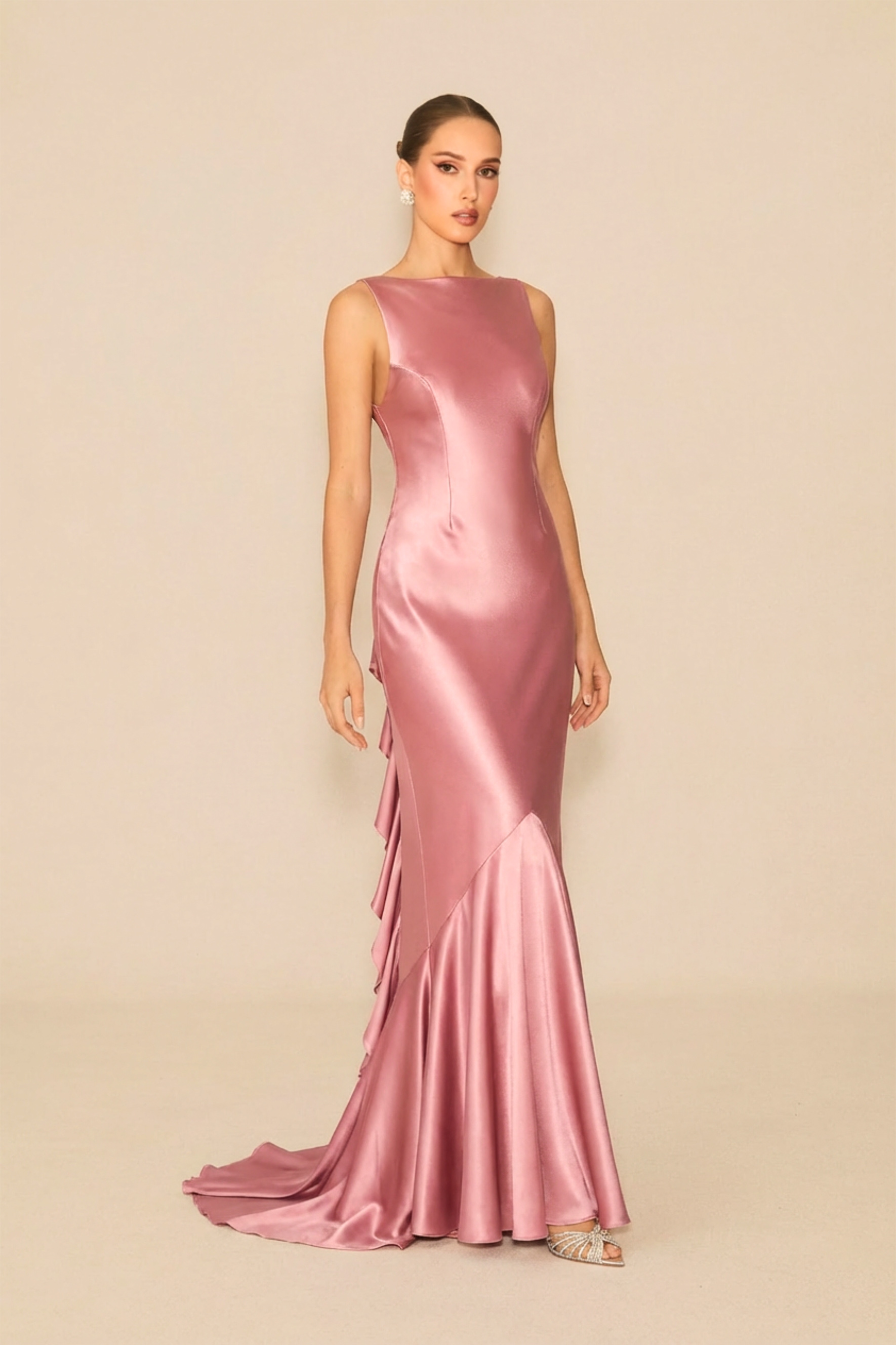 Moonlit Night Pink Backless Ruffle Trim Satin Maxi Dress