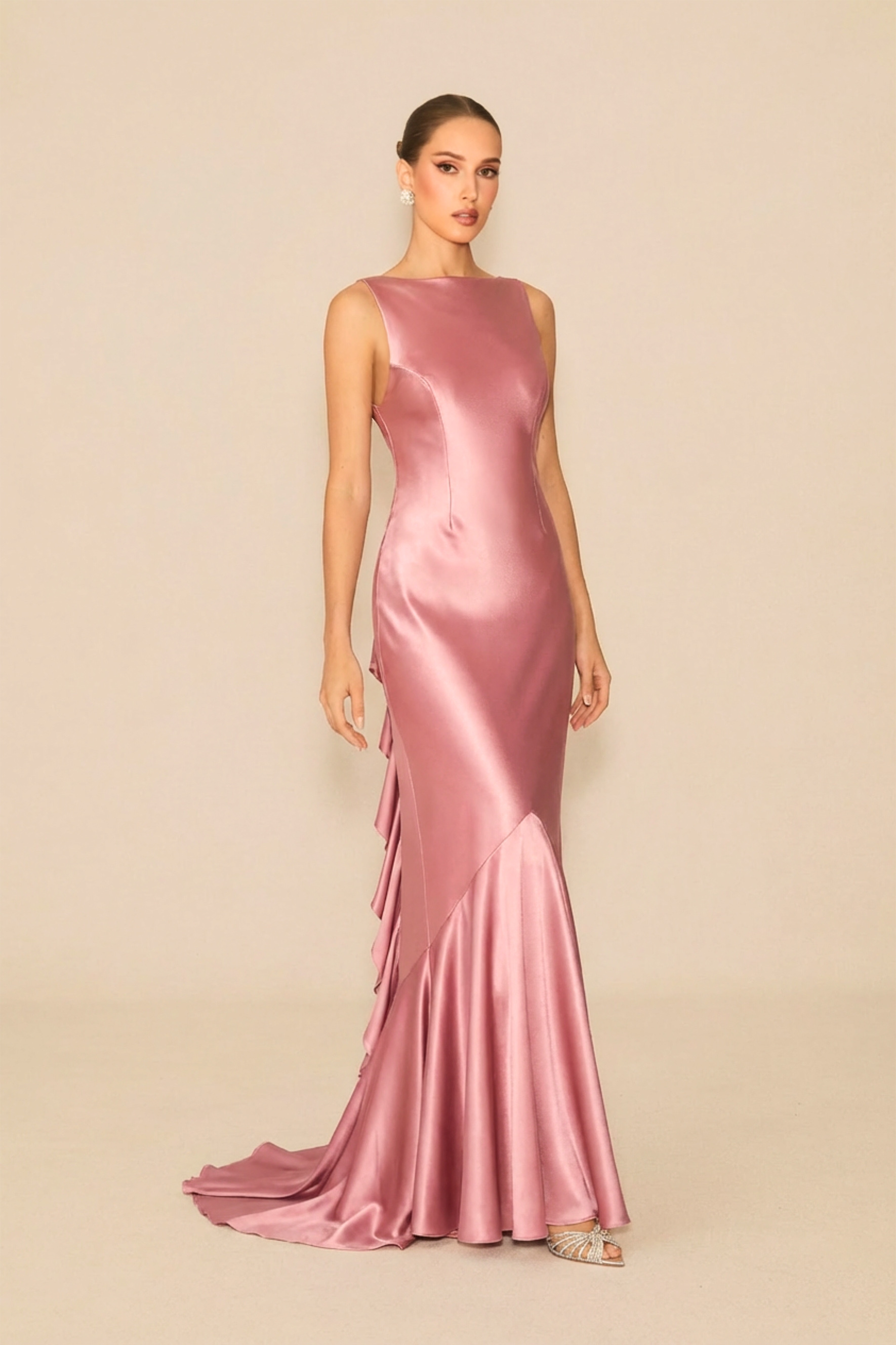 Moonlit Night Pink Backless Ruffle Trim Satin Maxi Dress