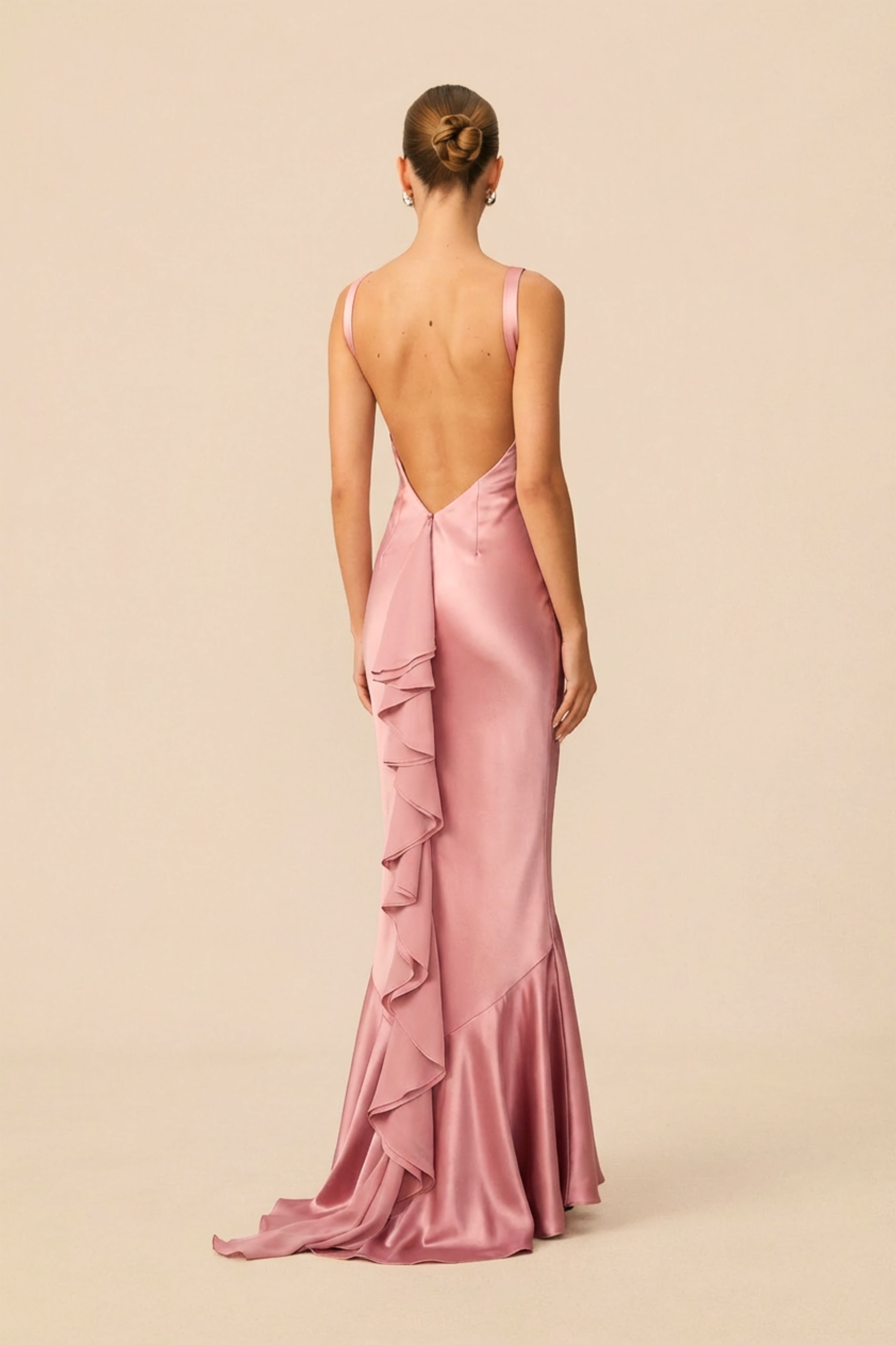 Moonlit Night Pink Backless Ruffle Trim Satin Maxi Dress