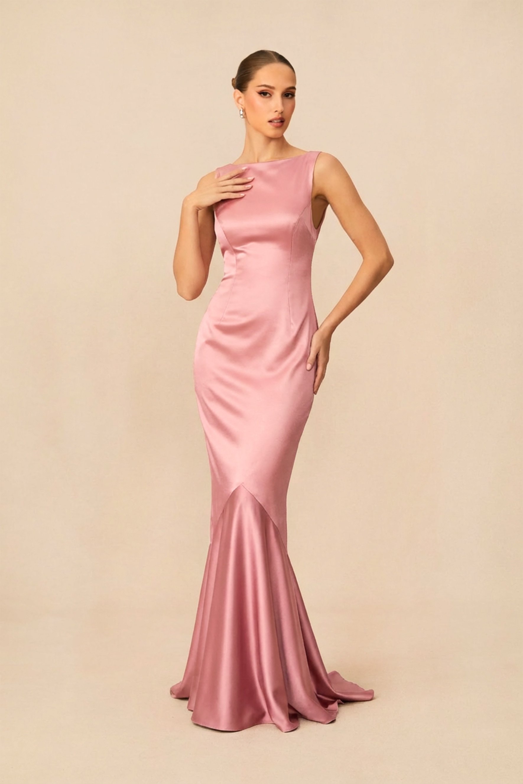 Moonlit Night Pink Backless Ruffle Trim Satin Maxi Dress