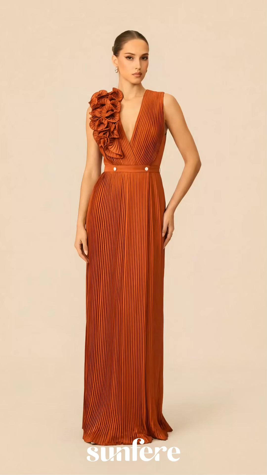 The VIP Vibe Orange V‑Neck Ruffle Top & Pleated Skirt Set