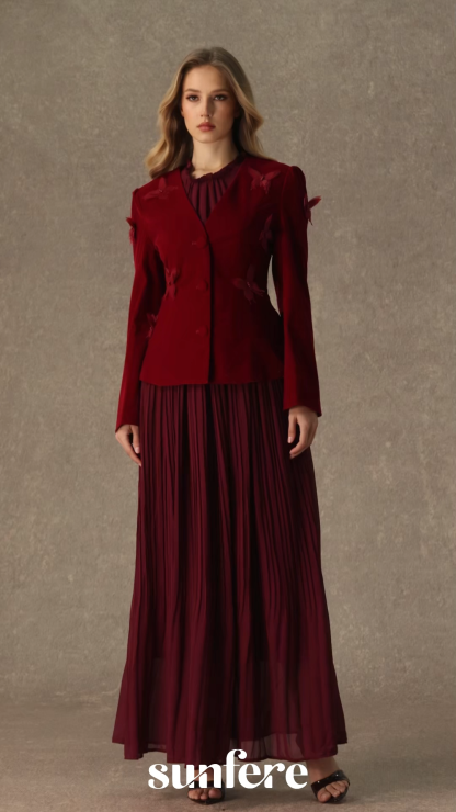 Graceful Midnight Black Butterfly Applique Jacket & Pleated Dress Set