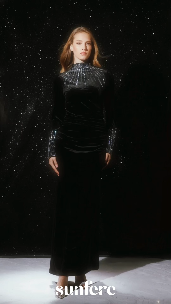 Save The Date Black Crysta Embellished Velvet Maxi Dress