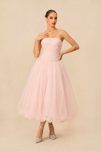 The Pretty List Pink Strapless Ruched Bodice Maxi Dress