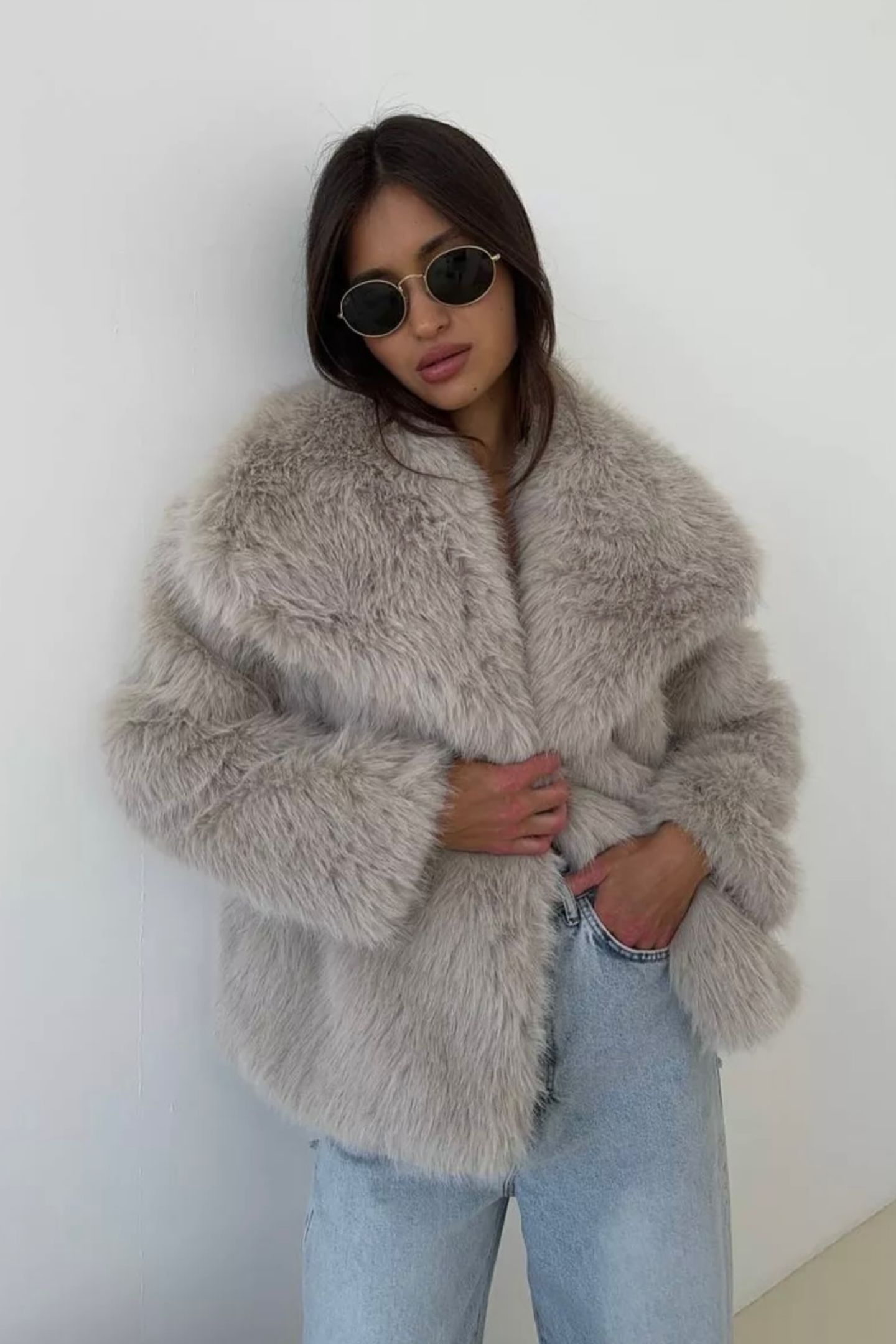 本当に信頼出来る店 Fur Faux Enid Shawl Jacket-Sunfere Collar ニット+セーター