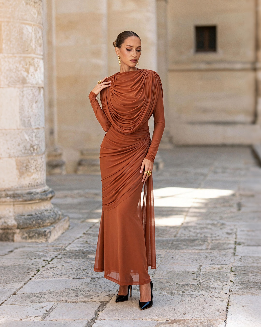 Long sleeve fall wedding guest dress &mdash; mocha pleated maxi by sunfere