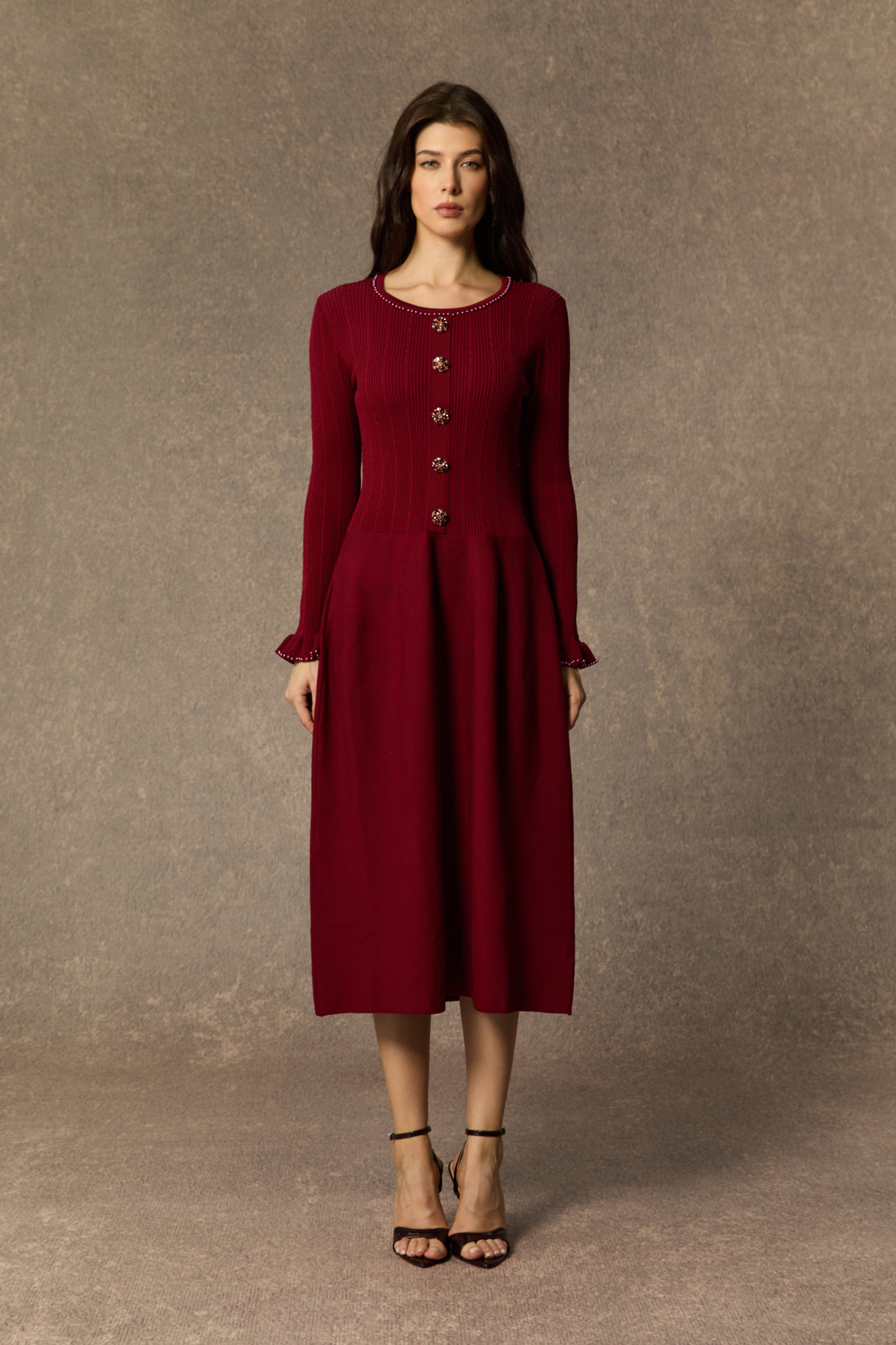 sunfere Autumn Luxe Burgundy Jewel Button Ruffle Cuff Midi Dress or Elevated