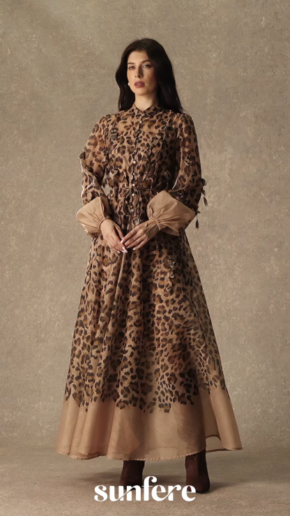 Infinite Praise Brown Leopard Print Leaf Applique Maxi Dress