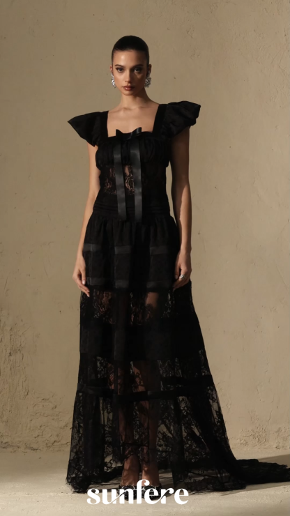 Luxury Mystical Black Puff Seeve Lace Panel Maxi Dress