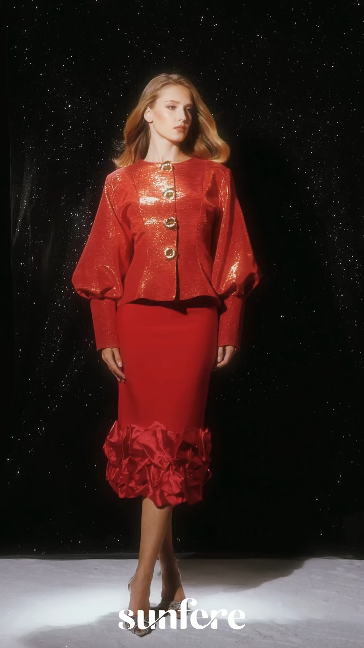 Love Emotions Red Puff Sleeve Embellished Button Jacket