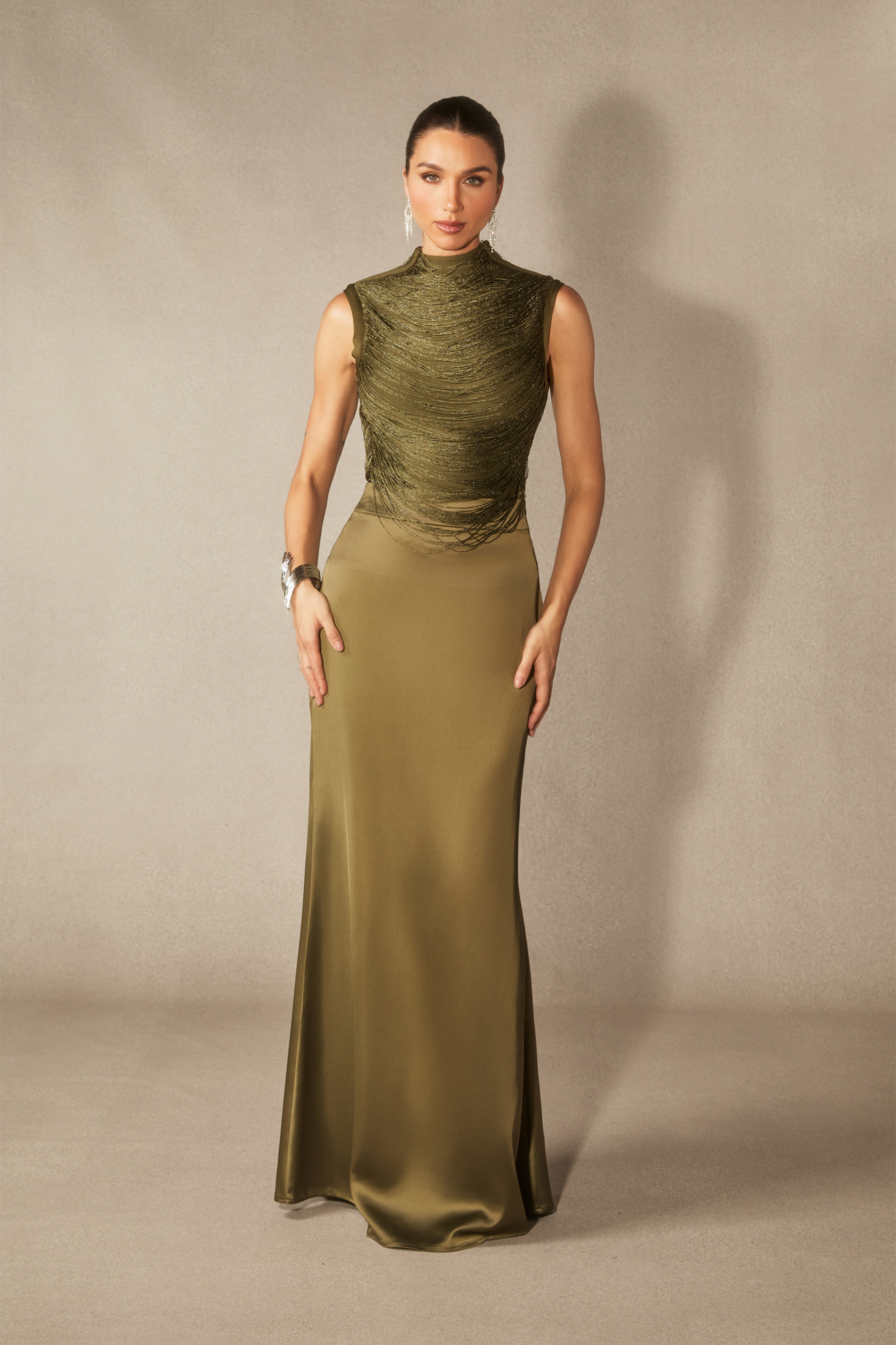sunfere Alisha Sleeveless Beaded Crop Top & Satin Skirt Set