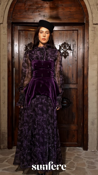 Mystique Beauty Purple Floral Print Velvet Maxi Dress