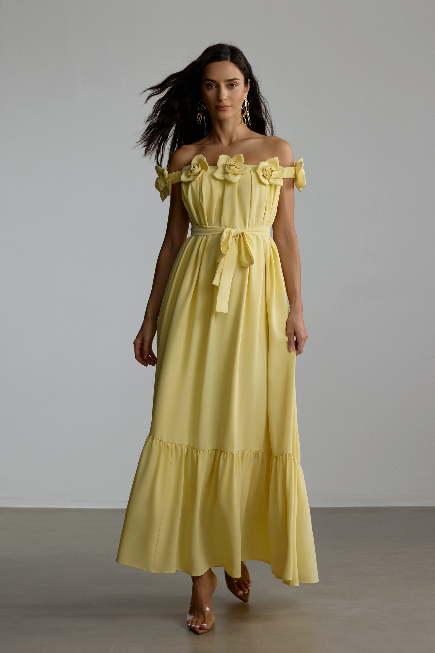 Louisa Floral Applique Off Shoulder Maxi Dress