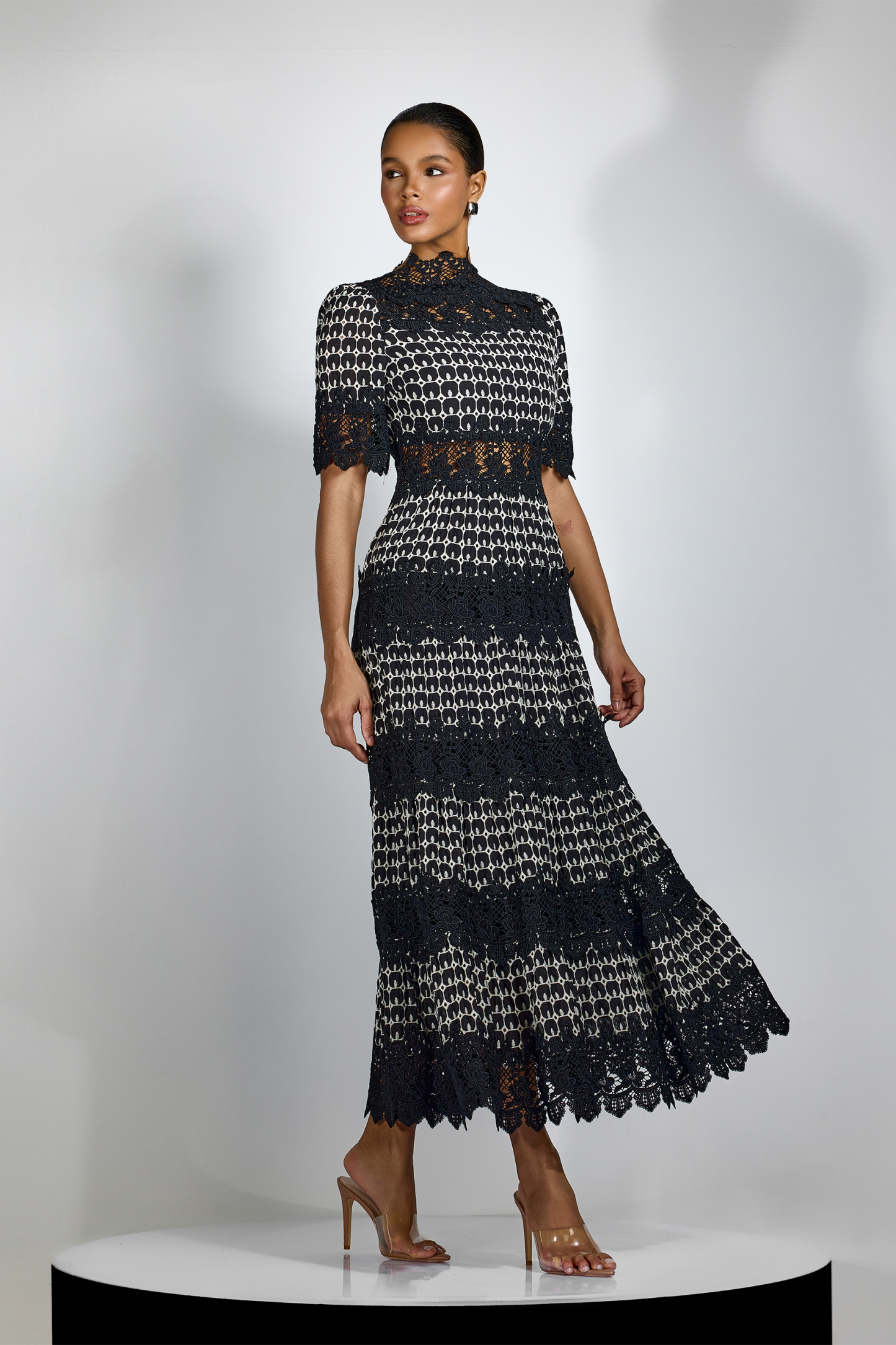 Sabrina Embroidered Lace Short Sleeve Midi Dress